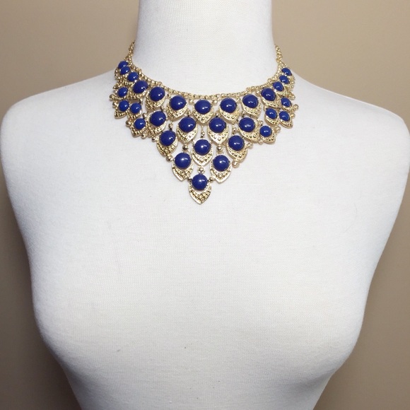 Navy Dark Blue Chunky Dot Bib Statement Necklace Earrings Set - Picture 2 of 3